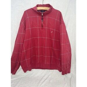 Nautica 1/4 Zip Mens 3XL Red Windowpane Check Pullover Long Sleeve Jumper